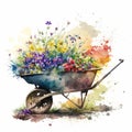 Colorful Carriage Watercolor Wheelbarrow Filled with Beautiful Spring Flowers - Generative AI