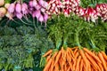 Colorful carrots radishes beet sand broccoli vegetables at farmers market Royalty Free Stock Photo