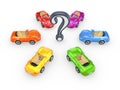 Colorful cars around query mark.