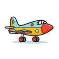 Colorful cartoon airplane illustration, bright colors, yellow fuselage, red nose, blue wings, side Royalty Free Stock Photo