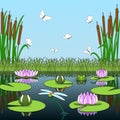 Colorful cartoon background with pond inhabitants and plants.