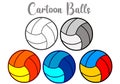 Colorful cartoon beach balls. Valley ball. Volleyball ball outline, line, black and white, yellow, red, blue, green, mixed color. Royalty Free Stock Photo