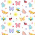 Colorful cartoon butterflies, bees, suns, ladybugs and flowers seamless pattern background Royalty Free Stock Photo