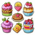 Colorful cartoon cakes, cupcakes, and pastrie Royalty Free Stock Photo