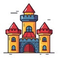 Colorful cartoon castle with red and blue rooftops. Fairytale medieval stronghold with towers. Fantasy kingdom