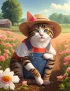 Whimsical Cartoon Cat in Cottage Garden with Flowers