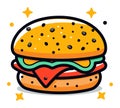 Colorful cartoon cheeseburger with lettuce, cheese, and tomato. Fun and appetizing fast food vector illustration