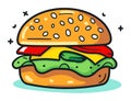 Colorful cartoon cheeseburger with lettuce, tomato, cheese, on a sesame bun. Delicious fast food, tasty hamburger vector