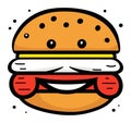 Colorful cartoon cheeseburger with sesame bun, cheese, lettuce, tomato. Delicious fast food meal vector illustration