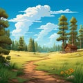 Colorful Cartoon Cottage In Forest: Expansive Landscape Illustration