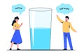 Colorful cartoon couple with half full or empty glass vector flat illustration Royalty Free Stock Photo