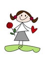 Cartoon girl holding flower and heart Royalty Free Stock Photo