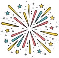 Colorful cartoon explosion of fireworks with stars and dots on white background Royalty Free Stock Photo
