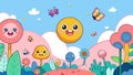 Colorful Cartoon Fantasy Landscape with Smiling Characters World Emoji Day