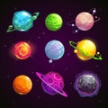 Colorful cartoon fantasy planets set