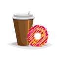 Colorful cartoon fast food icon on white background. coffee and donut Royalty Free Stock Photo