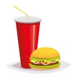 Colorful cartoon fast food icon on white background. Drink with a hamburger. Royalty Free Stock Photo