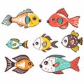 Colorful cartoon fish illustration isolated white background. Set tropical fish various patterns Royalty Free Stock Photo