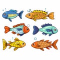 Colorful cartoon fish swimming, variety six vibrant aquatic animals. Illustration cute, playful