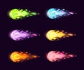 Colorful cartoon flying fireballs set.