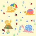 Colorful cartoon funny snail play in the meadow on a yellow background.