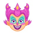 Colorful cartoon genie face with purple hair and a joyful expression. Female fantasy character smiling happily. Magical