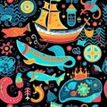 Colorful cartoon hand drawn marine theme seamless pattern for baby and little boys. Undersea world, fishes, sea, ship vector Royalty Free Stock Photo