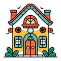 Colorful cartoon house with ornate windows and chimney. Quirky cute home with playful details and greenery. Cozy