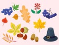 Colorful cartoon icons for thanksgiving day holiday vector turkey design leaf season celebration Royalty Free Stock Photo