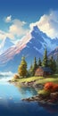 Serene Mountain Scene With Cabin And Lake - Digital Painting Commission