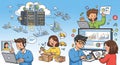 Cloud Computing, E-commerce, and Business Team Cartoon Illustration Royalty Free Stock Photo