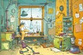 Colorful cartoon illustration of a quirky scientist's cluttered lab, full of haphazard gadgets and bubbling
