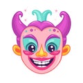 Colorful cartoon jester face with a big smile, twinkling eyes, and curly hair. Festive clown character, joyful