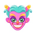 Colorful cartoon joker face with a wide grin and playful expression. Festive clown character for party and celebration