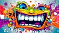 Colorful cartoon monster with a wide smile amidst a festive explosion of confetti and balloons