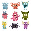 Colorful Cartoon Monsters with Different Emotions on Their Muzzles Vector Set