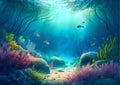 Colorful cartoon ocean background with blue water, rocks and seaweed in watercolor style. Royalty Free Stock Photo