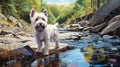 Colorful Cartoon Painting Of A White Dog Outdoors By A Stream