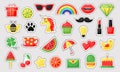 Colorful cartoon patch badges. Set of cute icons with dotted lines. Vector Royalty Free Stock Photo