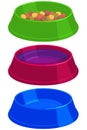 Colorful cartoon pet food empty and full bowl set. Royalty Free Stock Photo