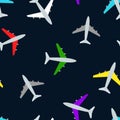 Colorful cartoon planes on a dark background, seamless pattern