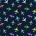 Colorful cartoon planes on a dark background, seamless pattern