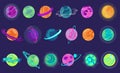 Colorful cartoon planets flat icon kit. Fantasy abstract space objects vector illustration collection. Cosmic shapes Royalty Free Stock Photo