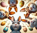 Colorful Cartoon Rabbits with Expressive Faces, Cute and Whimsical Easter Bunny Illustrations