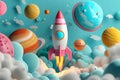 Colorful cartoon rocket flying among the planets