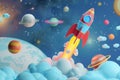 Colorful cartoon rocket flying among the planets