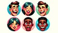 Colorful Cartoon Set: Laughing Caucasian Male, Winking Asian Female, and Smiling African AI Generated