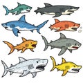 Colorful cartoon sharks swimming, variety sharks illustrated. Different shark species feature
