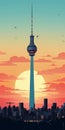 Colorful Cartoon Skyline At Sunset With Tv Tower - Berlin Secession Style