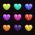 Colorful cartoon slime hearts. Vector icons for game design.